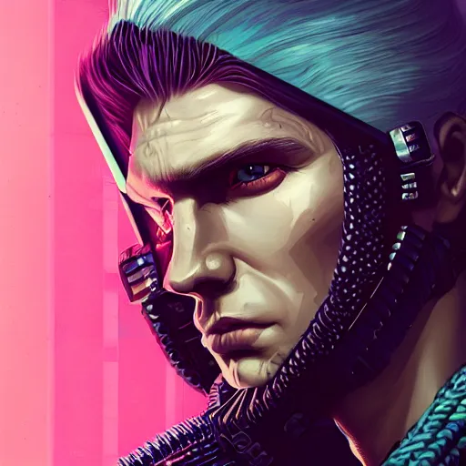 Image similar to Lofi vaporwave cyberpunk portrait of Geralt of Rivia, closeup, Tristan Eaton, Tom Bagshaw