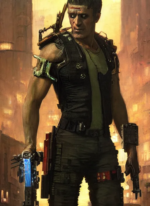 Prompt: frankenstein. cyberpunk mercenary wearing a military vest and combat jumpsuit. (Cyberpunk 2077, bladerunner 2049). Iranian orientalist portrait by john william waterhouse and Edwin Longsden Long and Theodore Ralli and Nasreddine Dinet, oil on canvas. Cinematic, vivid colors, hyper realism, realistic proportions, dramatic lighting, high detail 4k