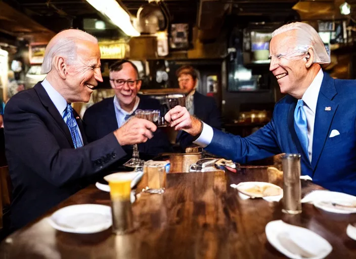 Image similar to Joe Biden and Bill gates, having dinner at a Dive bar restaurant, award winning cinematic photography, 50 mm, blurred background, trending on twitter