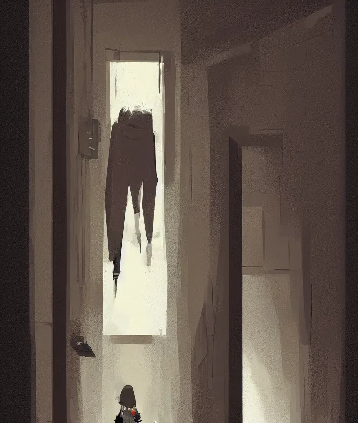 Image similar to a door at the end of a long dark staircase leading down and a dark corridor by pascal campion, trending on artstation „