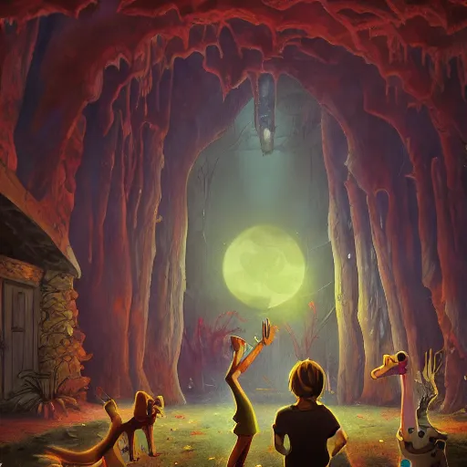 Image similar to scooby doo where are you from 1 9 6 9 background, creppy ambience, dark, painting, highly detailed, artstation, background painting.