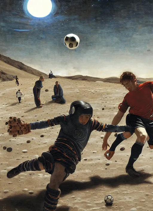 Image similar to a soccer match on the moon by edgar maxence and caravaggio and michael whelan and delacroix style, artistic, intricate painting, cinematic lighting, hyper realistic, extremely detailed, establishing shot, 8 k resolution, dramatic lighting