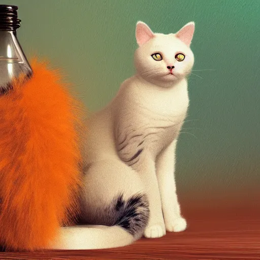 Prompt: a cat standing next to a bottle of medicine. the cat was orange in color and having fluffy fur. animal. digital art. pixabay. shutterstock. octane render. impressionism, monet, renoit.