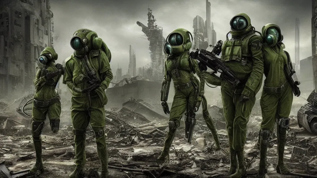 Prompt: big budget scifi movie set in postapocalyptic world with alien brainsuckers sexy female cyborg in military green rubber and gas mask in ruins of alien civilisation