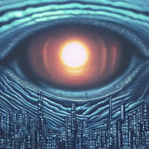 Prompt: Giant hyper-realistic reptilian floating eye in the clouds looking down over a blade runner themed dystopian gloomy city at night in the style of Mark Riddick and Rob Gonsalves, award winning album cover artwork, ,perfect composition, psychedelic, UHD, 8K High Definition, grain, gradient, noise