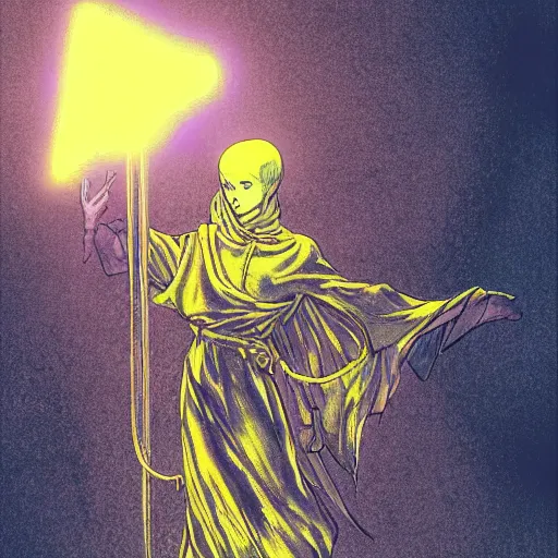 Image similar to pointing glowing cleric casting holy divine yellow spell , in the style of Greg Broadmore and junji ito and Arthur Rackham and Moebius, trending on artstation, light lighting side view,digital art,surrealism ,macro,blueprint ,vaporwave ,
