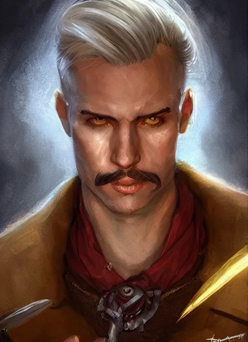 Image similar to young man with short white combover hair and moustache, dndbeyond, bright, colourful, realistic, dnd character portrait, full body, pathfinder, pinterest, art by ralph horsley, dnd, rpg, lotr game design fanart by concept art, behance hd, artstation, deviantart, hdr render in unreal engine 5