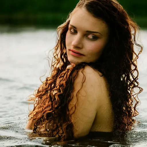 Prompt: a portrait of a beautiful woman in the water, hair flowing, Nikon 50mm camera, documentary lighting