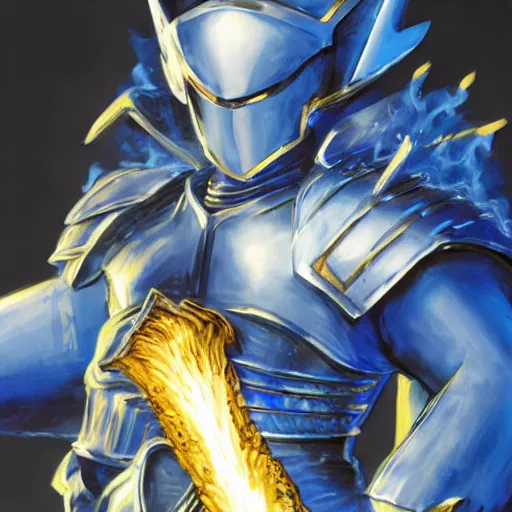 Image similar to fantasy knight in blue armor with a golden sword driving a green hatchback car with a dragon blowing fire above, manga, Yusuke Murata, artstation, 8k