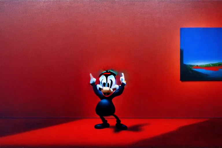 Prompt: only with red, red mickey mouse donald duck and goofy steal art paintings, in a museum contemporary art, in the style of beksinski, parts by edward hopper, parts by rodcenko, parts by yue minjun, intricate and epic composition, red by caravaggio, insanely quality, highly detailed, masterpiece, red light, artstation, 4 k