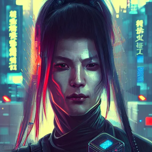 Prompt: portrait of a fierce dangerous cyberpunk hacker cyborg samurai in neotokyo at night, futuristic cyberpunk tokyo night, sci - fi and fantasy, intricate and very beautiful, highly detailed, digital painting, artstation, concept art, smooth and sharp focus, illustration, art by tian zi and wlop and alphonse mucha