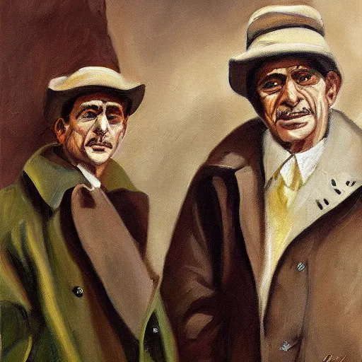 Prompt: three cayotes in a trench coat, oil painting