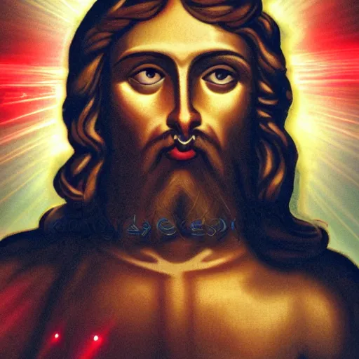 Image similar to Jesus shoot Zeus with red lazers from eyes deep color