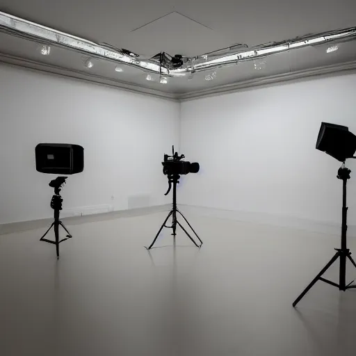 Image similar to an ultra high definition professional studio quality photograph of an empty white room with a plain white plinth in the middle of the room, a mobile phone is on top of plinth in the centre of the photograph. three point light.