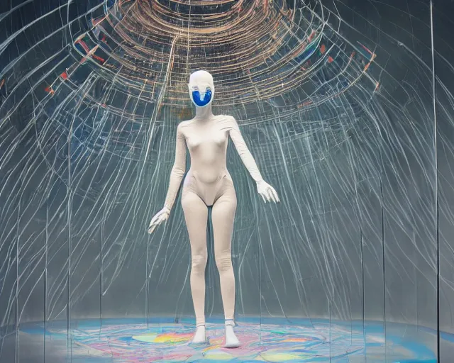 Image similar to a transforming model wearing futuristic bodysuit doing poses on a rotating platform in a photography studio surrounded by lights by james jean and luc tuymans and beeple and hernan bas and pat steir and hilma af klint, psychological, 3 d, dripping paint, high quality render, masterpiece