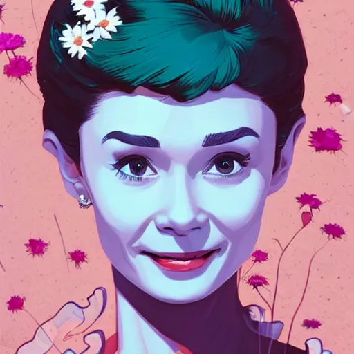 Image similar to portrait of audrey hepburn smiling with flowers in hands. sharp focus, cinematic pose, cinematic lighting, unreal engine render. art by josan gonzales and moebius and deathburger.