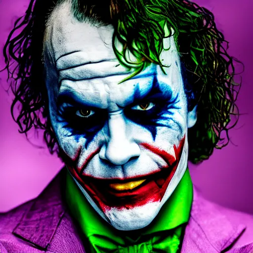 Image similar to heath ledger\'s joker, joke, very joker, the joker, the dark knight joker, very very joker, batman joker, realistic, photorealistic, high-resolution, 4k, 8k, sigma art 85mm f1.4, high contrast, large sensor dslr, professional photo, the joker, joker