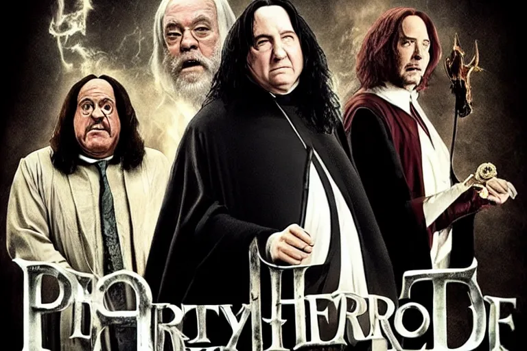 Image similar to Movie poster with Danny DeVito as Albus Dumbledore and Keanu Reeves as Severus Snape and Snoop Dog as Harry Potter