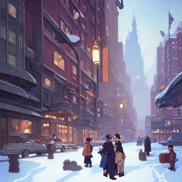 Image similar to american big city, winter, in the style of studio ghibli, j. c. leyendecker, greg rutkowski, artem