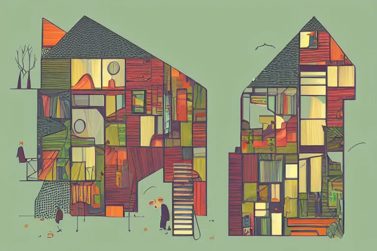 Prompt: a beautiful flat 2 dimensional illustration of a cross section of a house, a storybook illustration by muti and tim biskup, colorful, minimalism, featured on dribble, unique architecture, behance hd, storybook illustration, dynamic composition