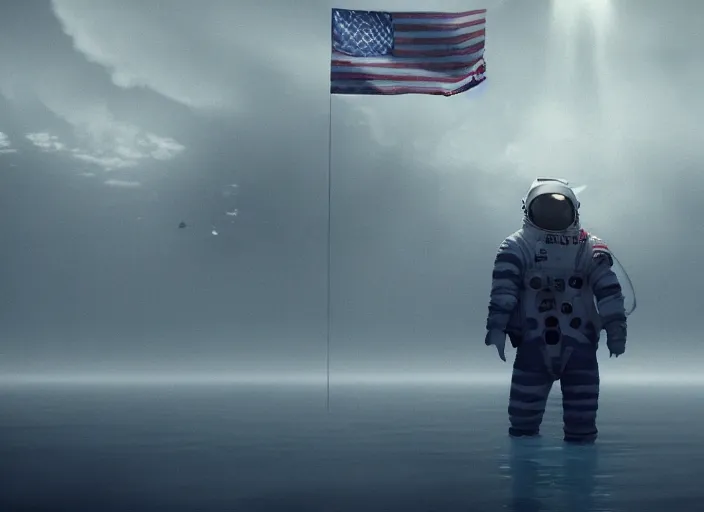 Image similar to astronaut holding a flag in an underwater desert. a submarine is visible in the distance. dark, concept art, cinematic, dramatic, atmospheric, 8 k, trending on artstation, blue, fish, low visibility, fog, ocean floor, christopher nolan, interstellar