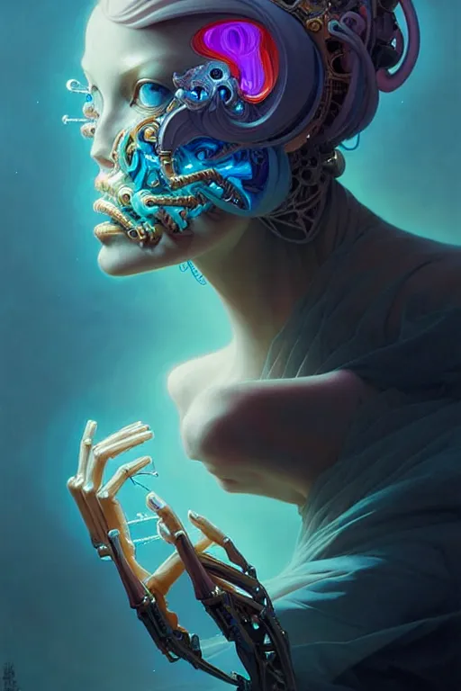 Image similar to portrait, biomechanical bioluminescent creature, cyberpunk, elegant baroque, asymmetrical art, hyperrealism, colorful, vivid, imposing, epic, digital painting, artstation, concept art, by peter mohrbacher and wlop and rhads and artgerm and magali villeneuve and alphonse mucha