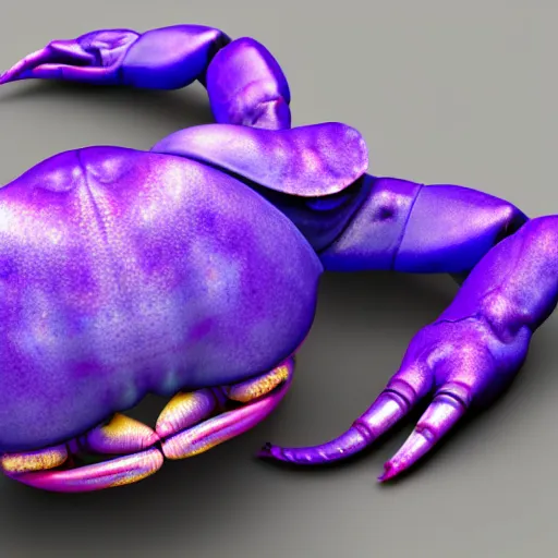 Image similar to photo realistic 3d render of purple and blue alien crab like creature with four eyes and eight limbs and long elephant trunk