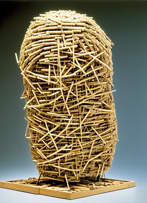 Image similar to realistic photo of a a modern brushwood and straw astronomy archeology scientific equipment gadget sculpture made of brushwood, covered with faces, by dieter rams 1 9 9 0, life magazine reportage photo, natural colors, metropolitan museum collection