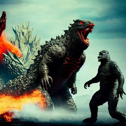 Prompt: american monster fight with godzilla