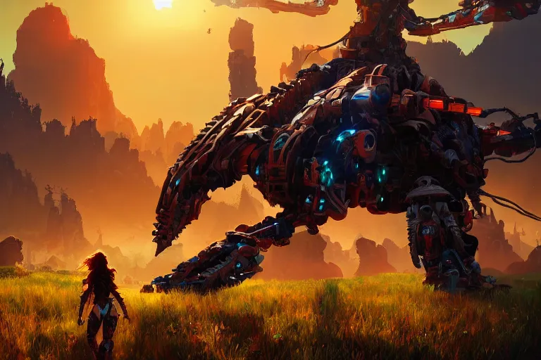 Image similar to scorcher machine mecanical creature robot of horizon forbidden west horizon zero dawn radiating a glowing aura global illumination ray tracing hdr fanart arstation by ian pesty and alena aenami artworks in 4 k