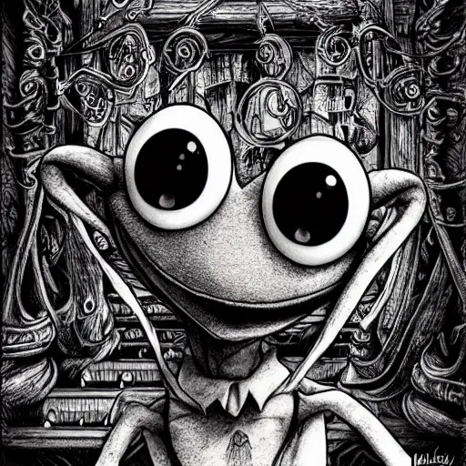 Image similar to michael karcz punk grunge cartoon drawing of kermit the frog. , in the style of corpse bride, loony toons style, horror themed, detailed, elegant, intricate