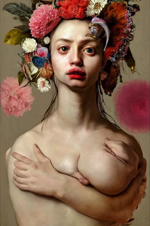 Prompt: A maximalist portrait a with large lips and with large eyes, expressive, with extra flesh, wearing a headdress made of flowers and !!!bones!!!, baroque by Jenny Saville and (((Caravaggio))) In style of digital illustration art, Rembrandt lighting, Ray tracing, hyper detailed, sharp focus, Soft light 4K