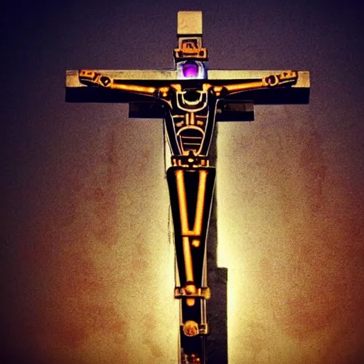 Prompt: super8 shot of a glowing steampunk robot crucified at dusk in ancient jerusalem