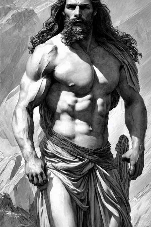 Prompt: painted portrait of rugged zeus, god of thunder, greek god, white hair, masculine, mature, handsome, classical anatomy, upper body, flowy robe, muscular, hairy torso, fantasy, intricate, elegant, highly detailed, digital painting, artstation, concept art, smooth, sharp focus, illustration, art by gaston bussiere and alphonse mucha