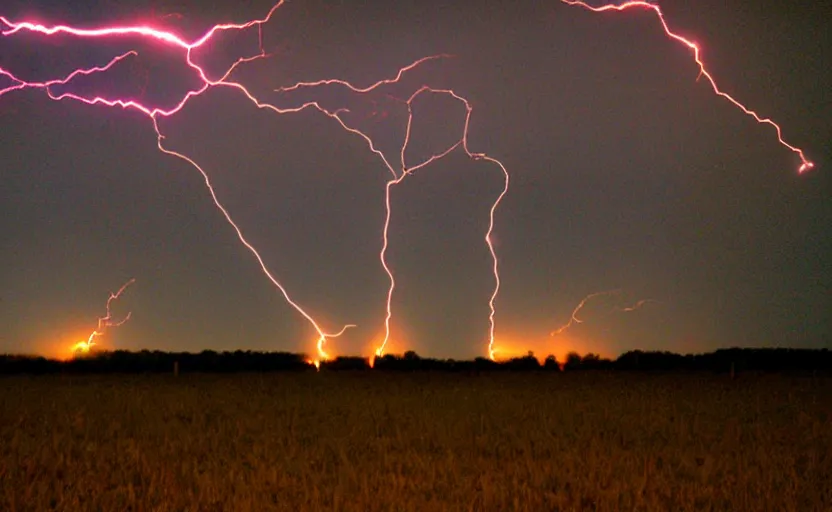 Prompt: red lightning bolts shoot from the ground, night, field, fire and smoke visible on the horizon, unsettling, 2005 photo