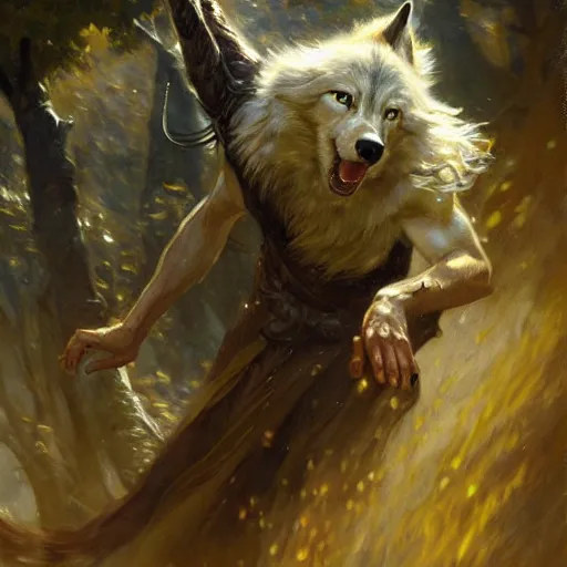 Prompt: stunning male master wizard transforming into wolf, highly detailed painting by gaston bussiere, craig mullins, j. c. leyendecker, 8 k