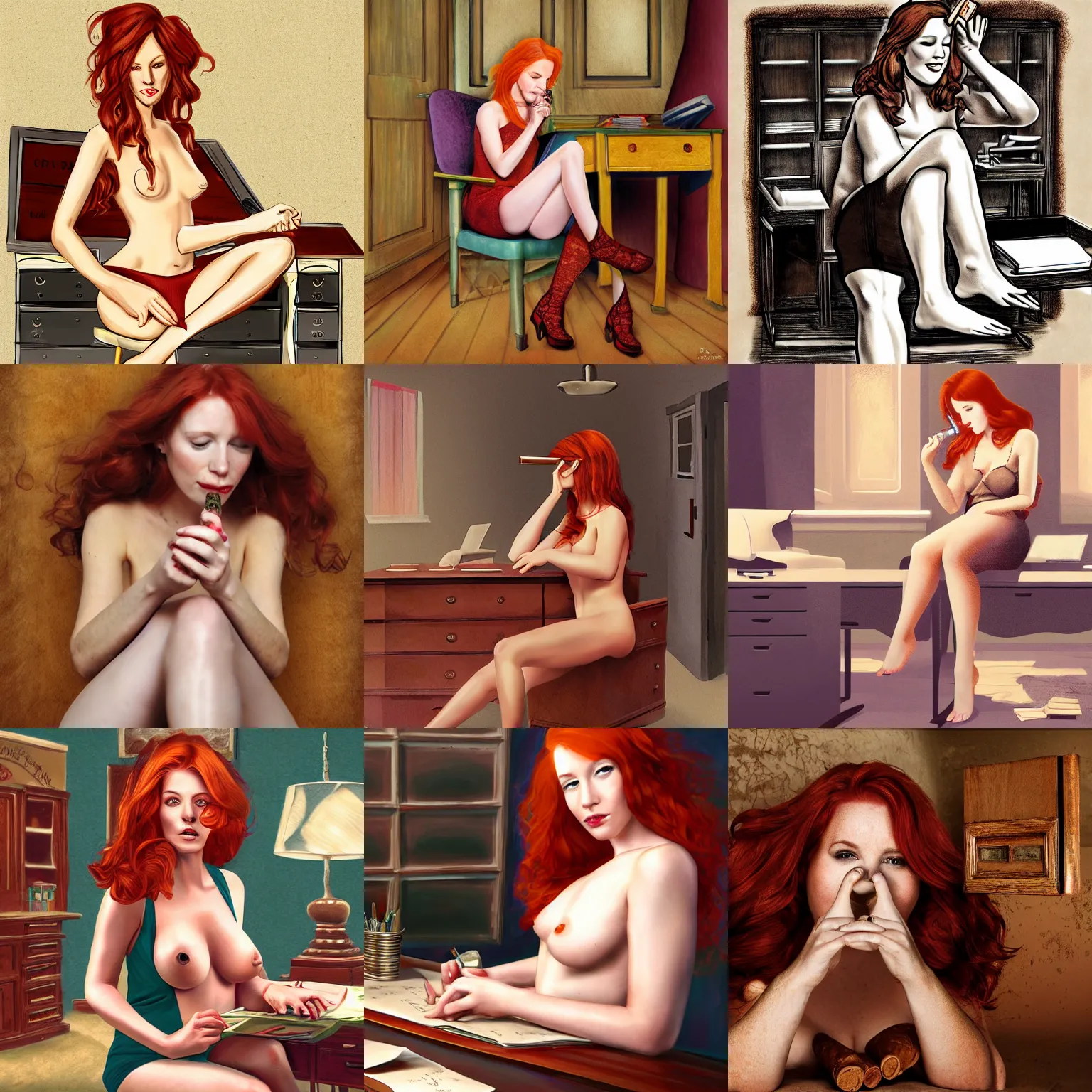 Prompt: a beautiful redhead female smoking a cigar with her bare feet up in her desk showing the soles of her bare feet to the camera, digital art