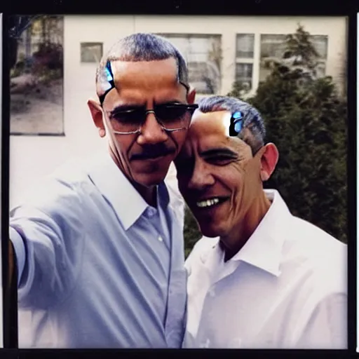 Prompt: Walter White and Barack Obama selfie, polaroid