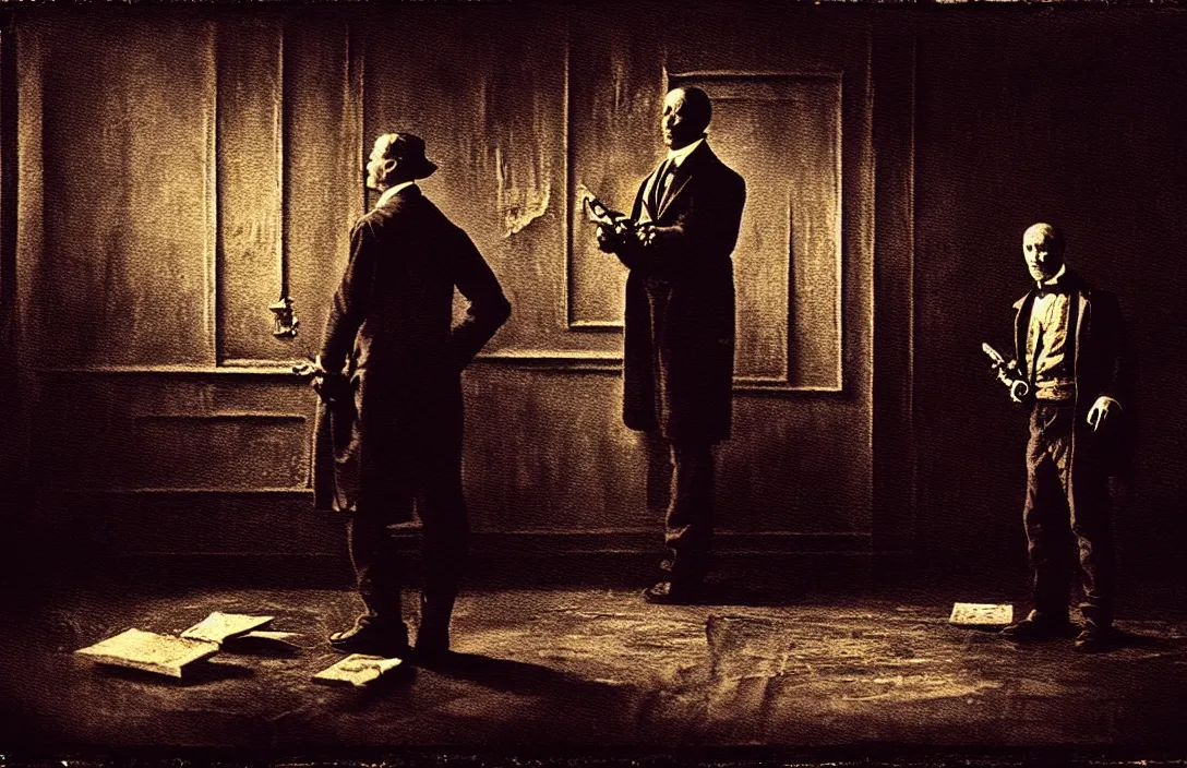 Prompt: excellent gesture and form applied his knowledge of mathematics in his paintings violent world uv light intact flawless ambrotype from 4 k criterion collection remastered cinematography gory horror film, ominous lighting, evil theme wow photo realistic postprocessing detailed foreground painting by caspar david frederich