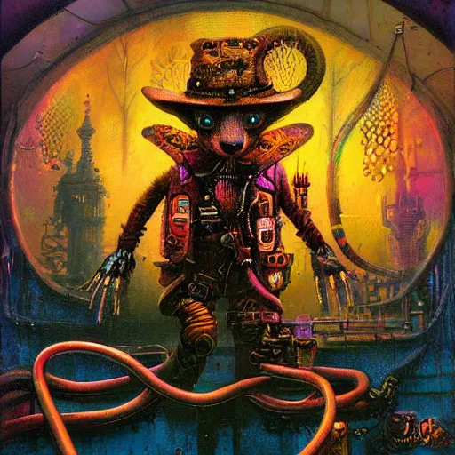 Image similar to steampunk rat, acid, 303, psychedelic, by paul lehr