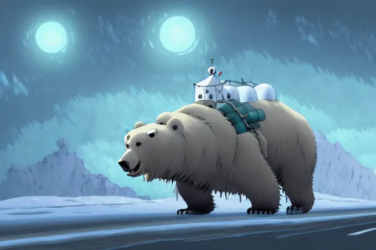 Prompt: cell shaded cartoon of a giant lovecraftian mechanized polar bear from howl's moving castle ( 2 0 0 4 ), on an icy road in the mist, full body, wide shot, very muted colors, post grunge, studio ghibli, highly detailed, deviantart, art by artgem