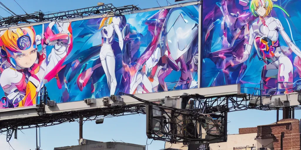 Image similar to billboard advertisement with an extremely beautiful photo of a white marble statue of an anime girl with colorful motocross logos and motorcycle helmet with closed visor, colorful smoke in the background, carved marble statue, fine art, neon genesis evangelion, virgil abloh, offwhite, denoise, highly detailed, 8 k, hyperreal