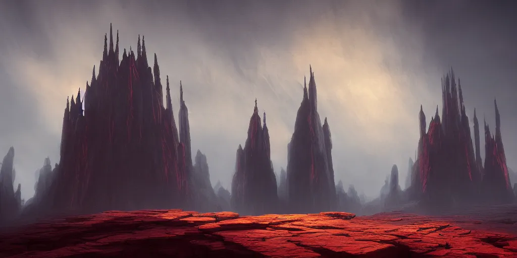 Image similar to dramatic render of a cathedral, gothic architecture, carved of red rock, tall spires, top of a canyon, vultures, concept art by studio ghibli and eddie mendoza, atmospheric, moody, dark, cinematic, volumetric lighting, 8K