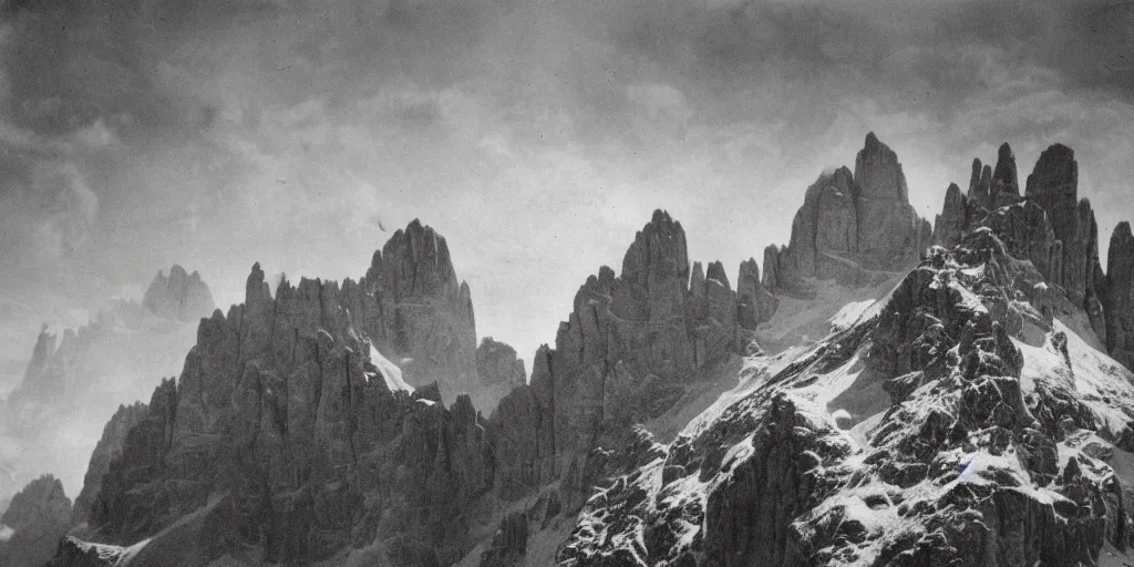 Prompt: 1920s photography of the god of the dolomites, dark, eerie