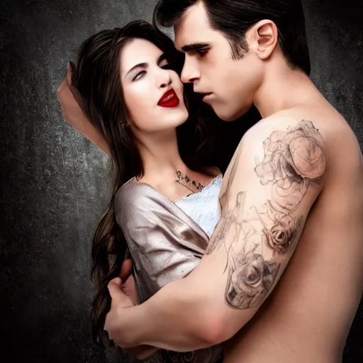 Prompt: handsome vampire holding a beautiful girl, 4 k, professional photograph, romance novel cover