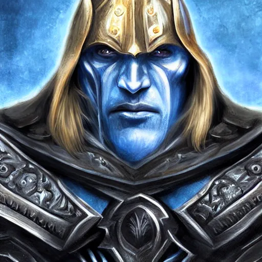 Image similar to portrait of arthas from warcraft, highly detailed, centered, solid color background, digital painting