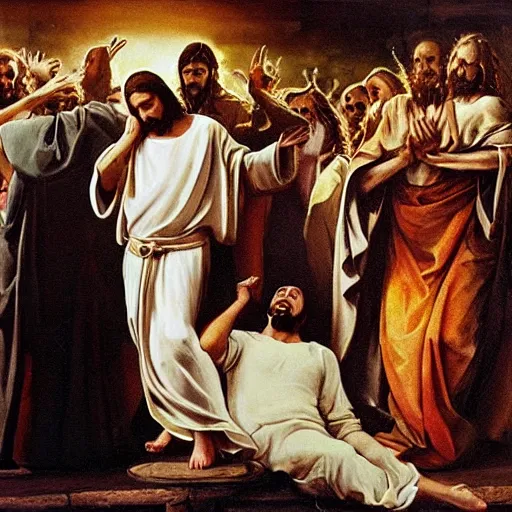 Prompt: jesus christ in a white robe strikes a dramatic dance pose on dead laughing bodies in streets of an apocalyptic metropolis destroyed after war, fantasy art, dramatic lighting, insane details ; renaissance painting