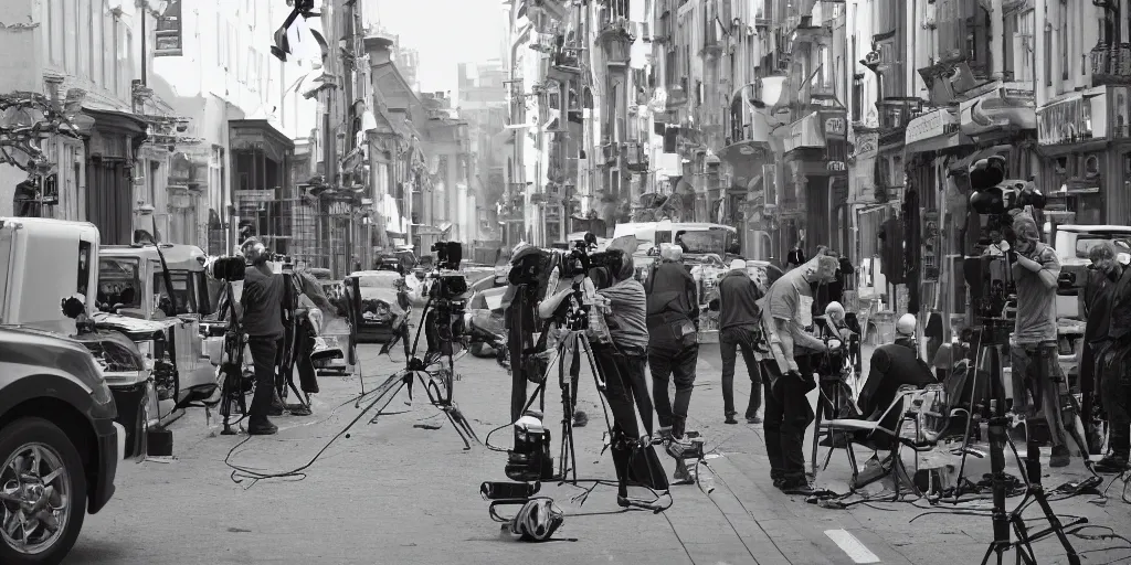 Image similar to a film crew in a street, cameras, lighting, trucks, actors, photograph