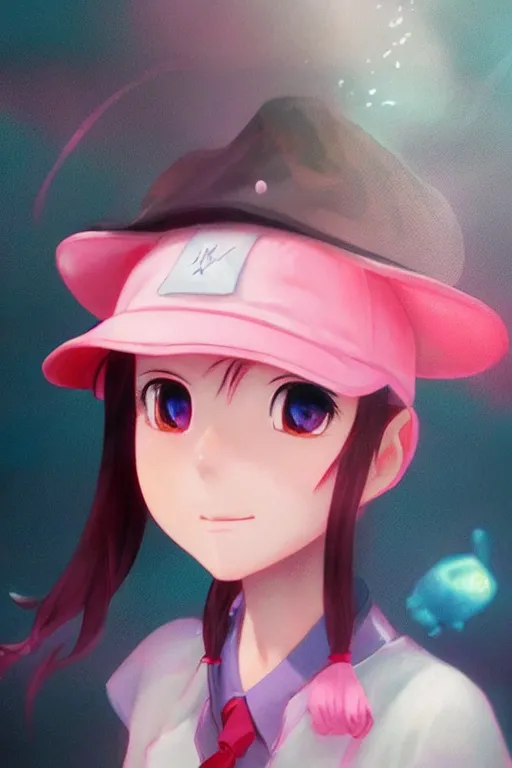 Prompt: 3d infrared render portrait of beauty 3d anime lofi schoolgirl with pink cap underwater subway twilight. dramatic light, trending on artstation, art by hiro kiyohara and hayao miyazaki oil painting