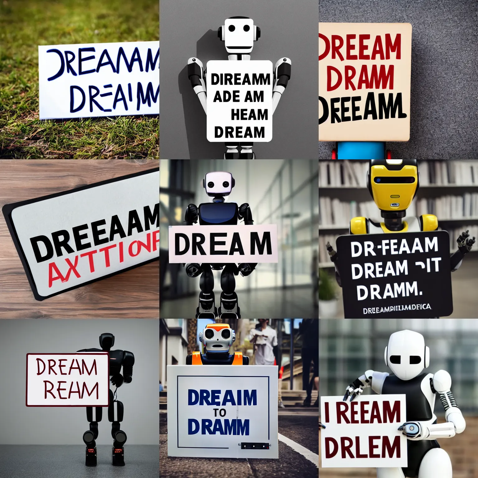 Prompt: photo of artificial intelligence robot holding a sign with text that reads : dream